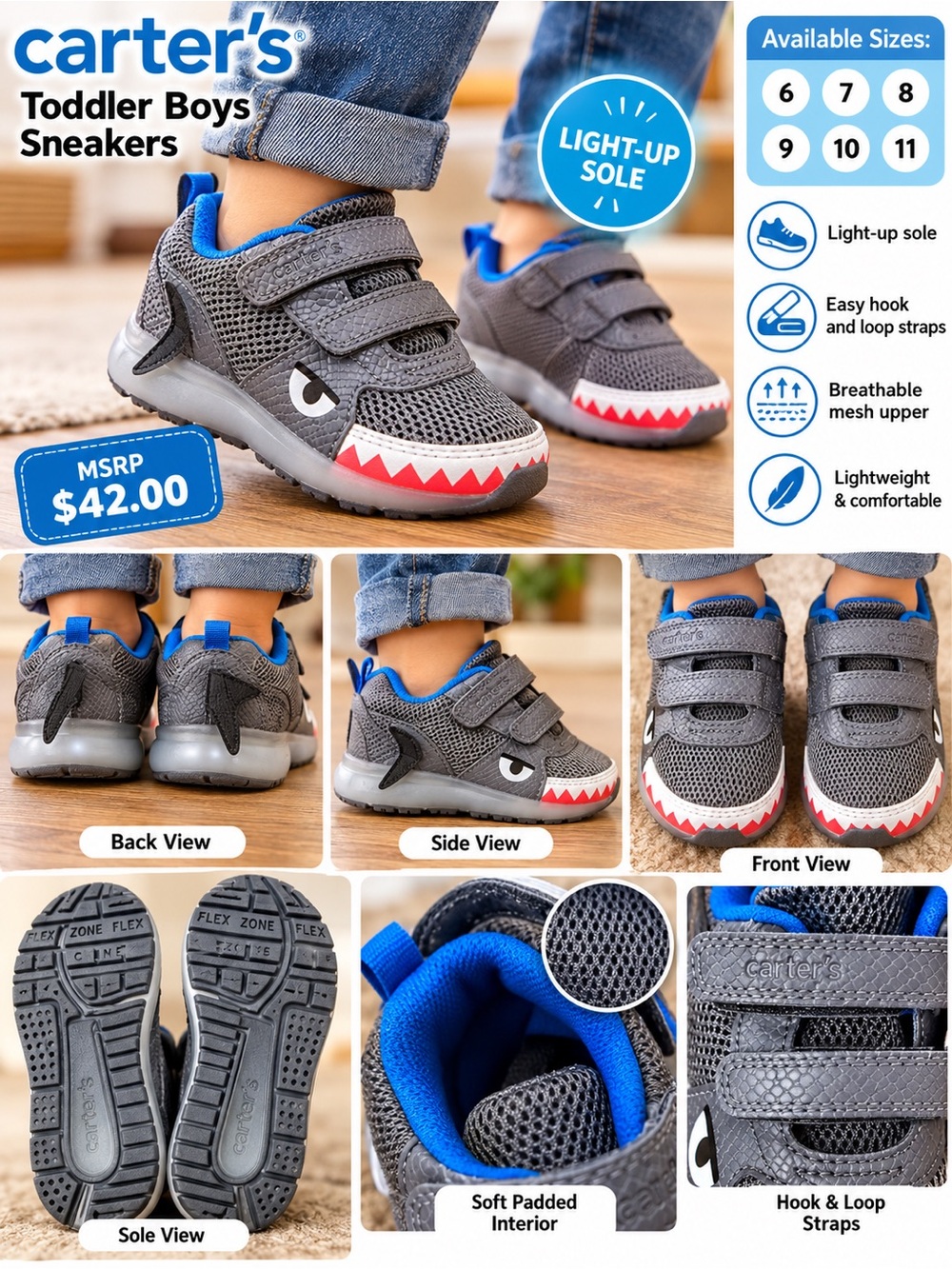Carter's Gray and Blue Shark-Themed Light-Up Toddler Sneakers